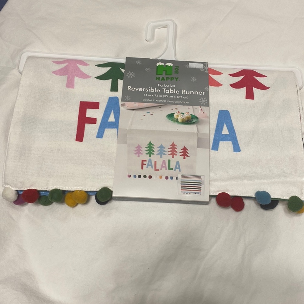 Christmas table runner reversible New 14x72 colorful Pom pom, stripes off white